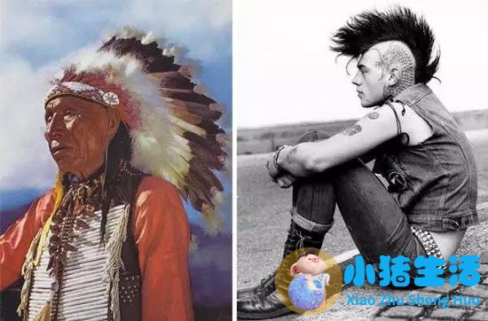 ▲庞克族招牌的莫霍克发型（右）灵感来自美洲土著（左）